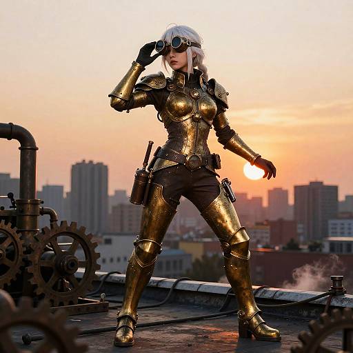 Photograph of a female steampunk warrior in gold armor, goggles, and white helmet, standing on a rooftop at sunset with city skyline and industrial