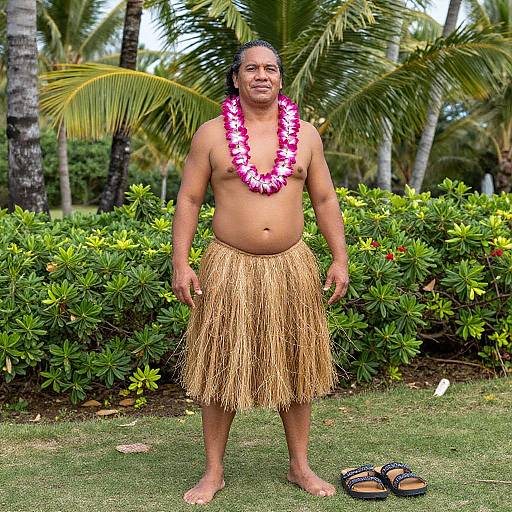 Man in Grass Skirt by Tropical Palm Trees