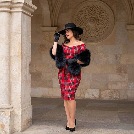 Stylish Woman in Red Plaid Dress