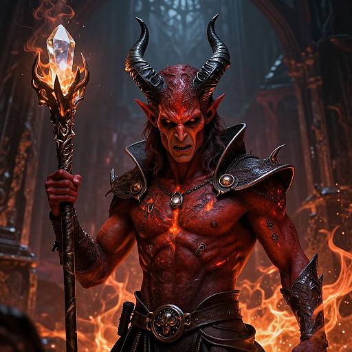 Digitally illustrated demonic figure with red skin, black horns, muscular build, glowing chest mark, holding flaming staff in fiery, dark cathedral.