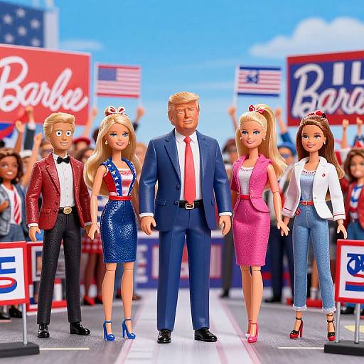 Photorealistic CGI image of a Trump-like man in a blue suit with four Barbie dolls in patriotic outfits, standing on a street with American flags and