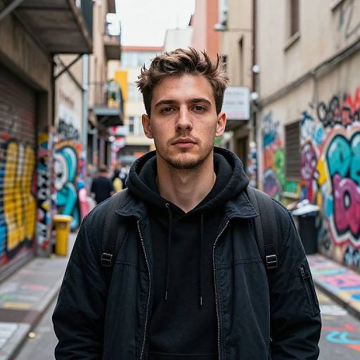Photograph of a young, handsome man with short brown hair, wearing a black hoodie and jacket, standing in a vibrant, graffiti-covered urban alleyway