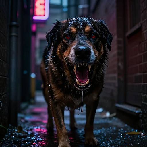 Photograph of a wet, snarling black and brown dog with glowing red eyes in a dark, neon-lit alley at night.