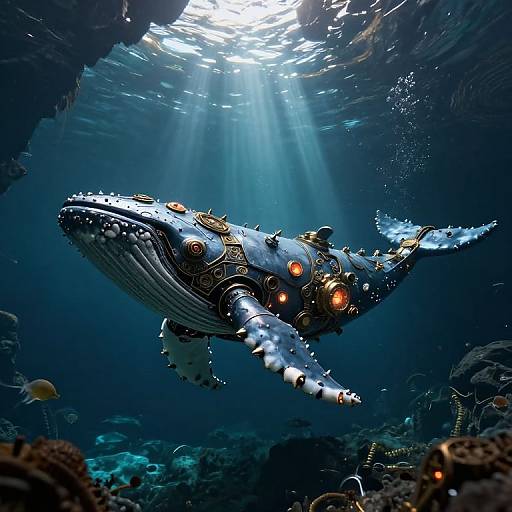 Photograph of a sci-fi, steampunk-style blue whale adorned with glowing orange gears and mechanical parts, swimming underwater surrounded by coral and small fish