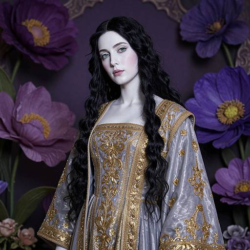 Photograph of a pale-skinned, black-haired woman in an ornate, gold-embroidered, translucent gown, set against a dark purple