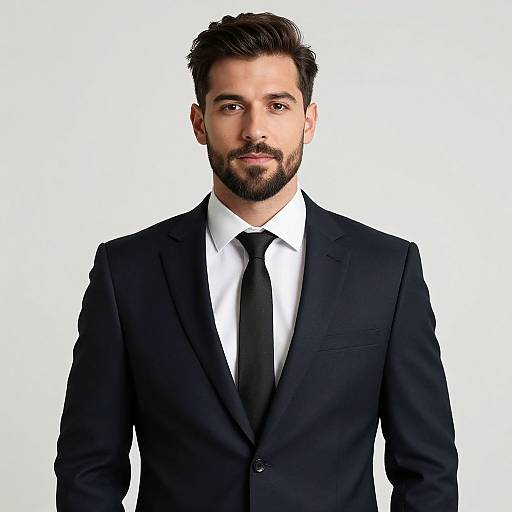 Photograph of a handsome, bearded man with short, dark hair, wearing a black suit, white shirt, and black tie, against a plain