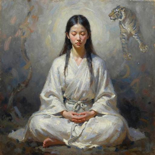 Painting of an Asian woman with long black hair, wearing a white kimono, sitting cross-legged, hands on lap, with a floating tiger to