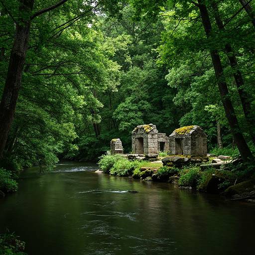 Photograph of an ancient, moss-covered stone ruin by a serene, reflective forest stream, surrounded by dense, vibrant green trees.