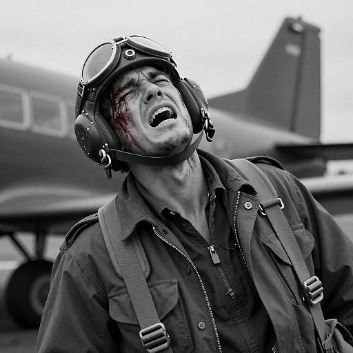 Intense Wounded Soldier in Black-and-White