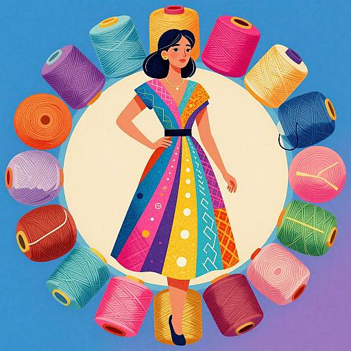 Colorful digital illustration of a woman in a multicolored dress surrounded by variously colored spools of thread on a blue background.