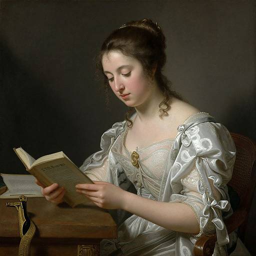 Baroque-style painting of a fair-skinned woman with dark hair, wearing a silver, puffed-sleeve dress, reading a book by a