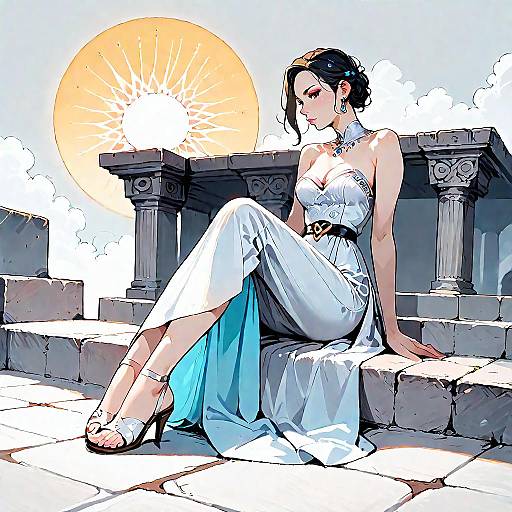 Elegant woman in white maxi dress sitting on ancient stone steps