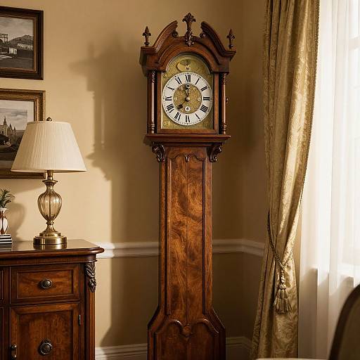 Vintage wooden grandfather clock with Roman numerals, next to a wooden dresser with a lamp, in a warmly lit room.