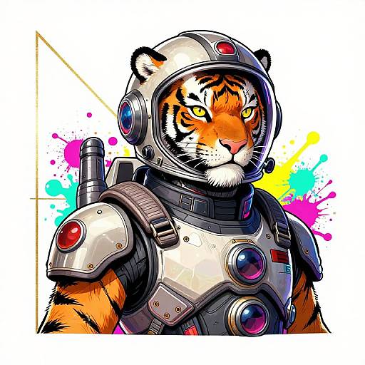 Digital illustration of a muscular anthropomorphic tiger in a futuristic, metallic spacesuit with a helmet, featuring colorful splashes in the background.