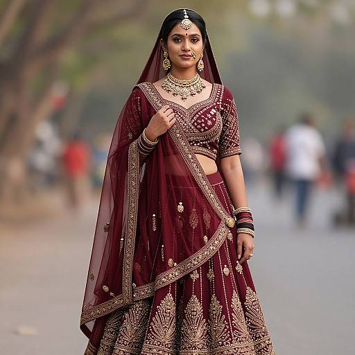 Photograph of an Indian woman in a maroon and gold embroidered traditional saree and veil, standing confidently on a blurred street. She wears ornate
