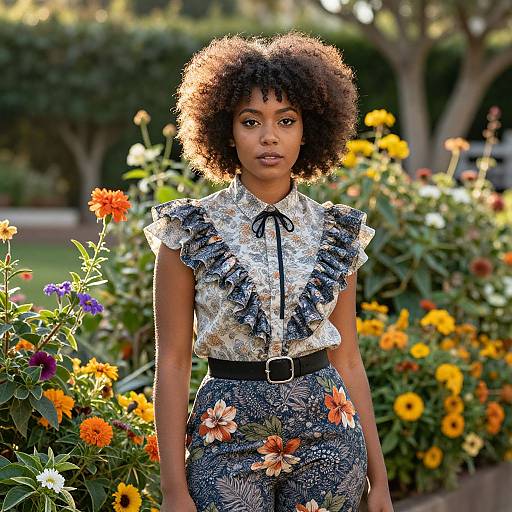 Photograph of a young Black woman with a natural afro, wearing a ruffled, floral-patterned blouse and high-waisted floral pants,