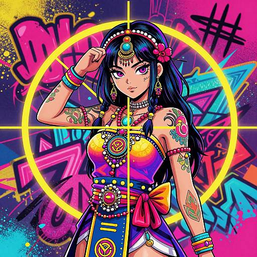 Vibrant digital artwork of an Indian woman with dark hair, adorned in colorful traditional jewelry and attire, standing in front of neon graffiti and a yellow