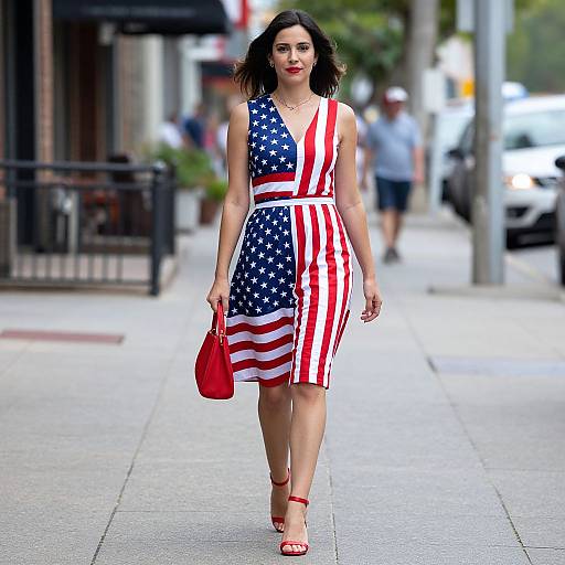 Photograph of a woman with dark hair, red lipstick, wearing a sleeveless dress with American flag pattern, red sandals, and red handbag,