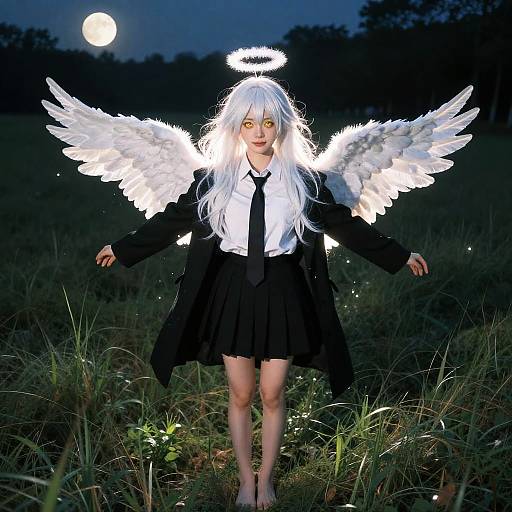 Moonlit Angel in Forested Grassland