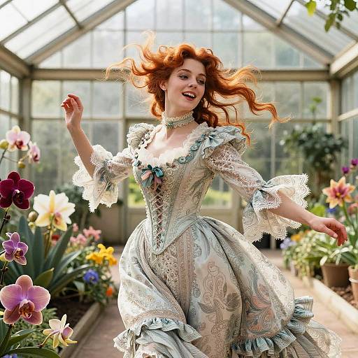 Photorealistic digital art: Red-haired woman in intricate, light blue Victorian dress with lace, dancing joyfully in sunlit greenhouse filled with colorful flowers