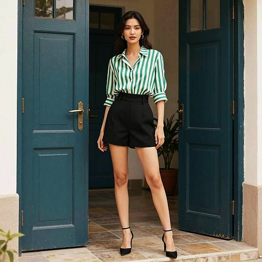 Photograph of a young woman with long black hair, wearing a green and white striped blouse, black high-waisted shorts, and black heels,