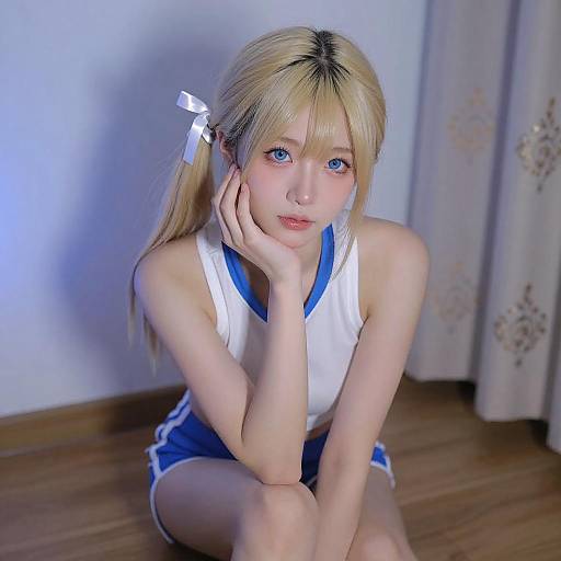 Blonde Woman Kneeling with Blue Glow