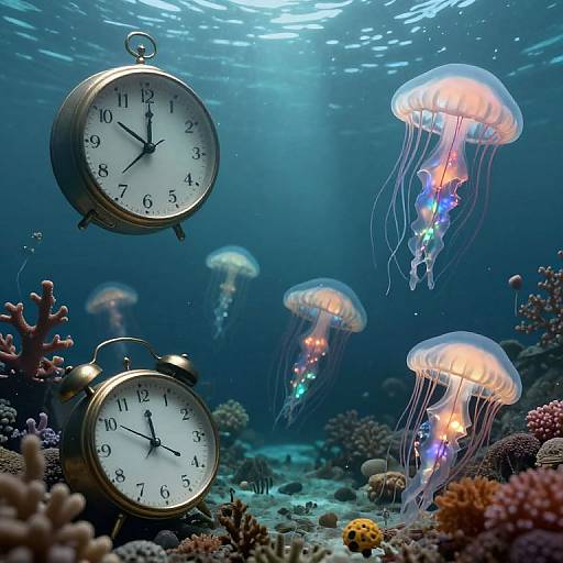Photograph of underwater scene with floating clock faces and colorful jellyfish among coral reef, illuminated by sunlight filtering through water.