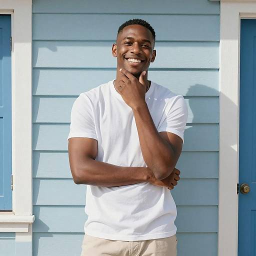 Smiling Man in White T-Shirt by Blue Wall