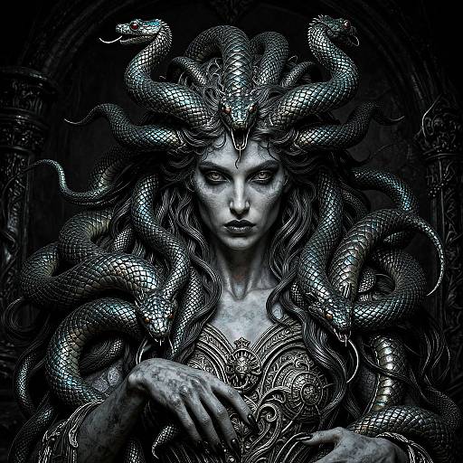 Digital art of a pale, serious-faced woman with serpentine hair, wearing ornate armor, in a dark, intricate background. Her expression is