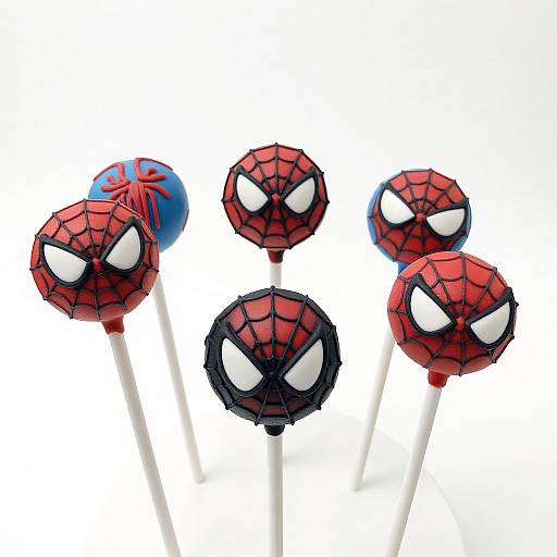 Photograph of six Spider-Man-themed lollipops with red and black web patterns, white eyes, and one blue lollipop with red spider symbol