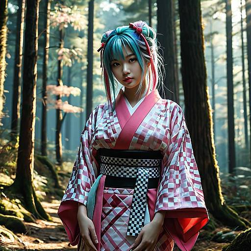 Multicolored Hair Girl in Kimono