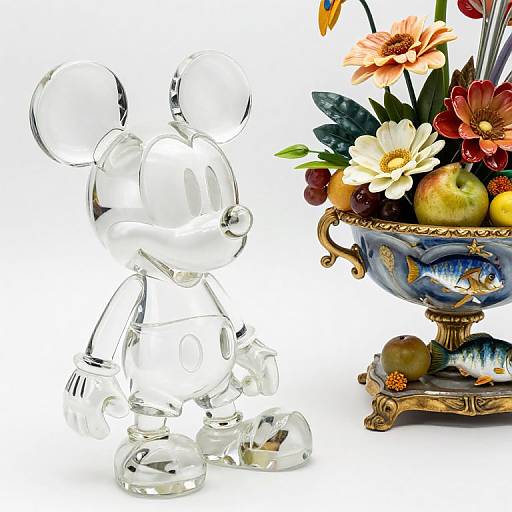 Clear glass Mickey Mouse figurine beside a detailed, ornate floral vase with colorful flowers, fruits, and a small bird.