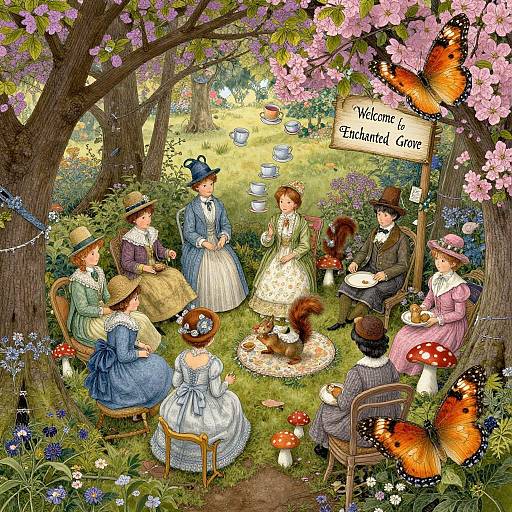 Whimsical Victorian garden tea party with six dressed-up people, butterflies, cherry blossoms, and mushrooms, under a 