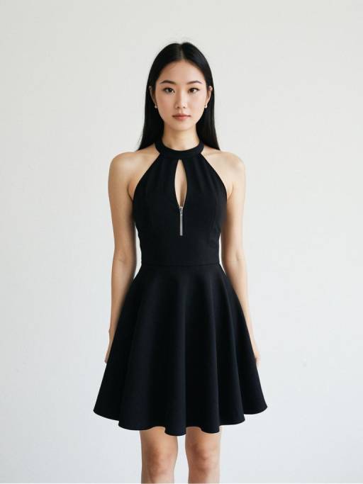 Woman in Black Halter-Neck Skater Dress
