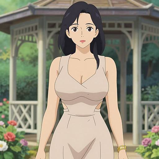 Digital anime-style drawing of a fair-skinned woman with black hair, large breasts, wearing a white dress, standing in a garden gazebo.