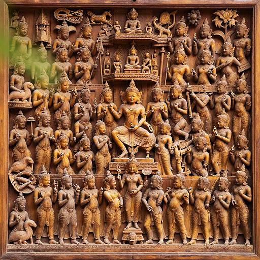 Intricate Wooden Relief Carving Scene