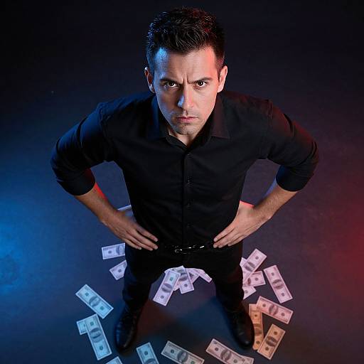 Photograph of a serious, dark-haired man in a black shirt, hands on hips, standing over scattered dollar bills on a dark, blue-lit