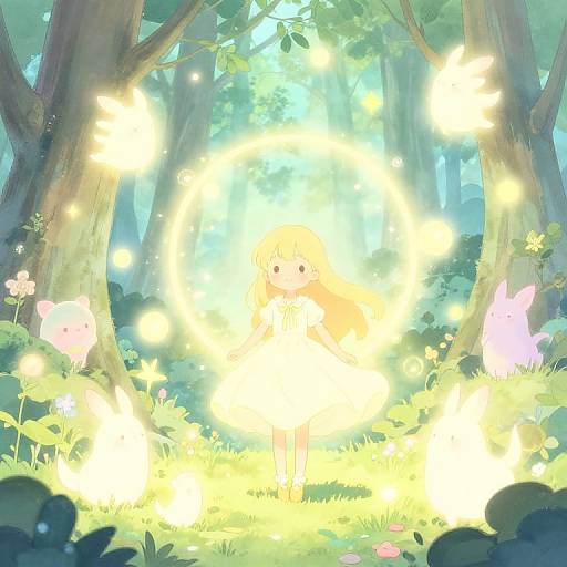 Whimsical forest scene with a glowing, ethereal, yellow-haired child surrounded by bright, luminescent lights and floating pink bunnies.