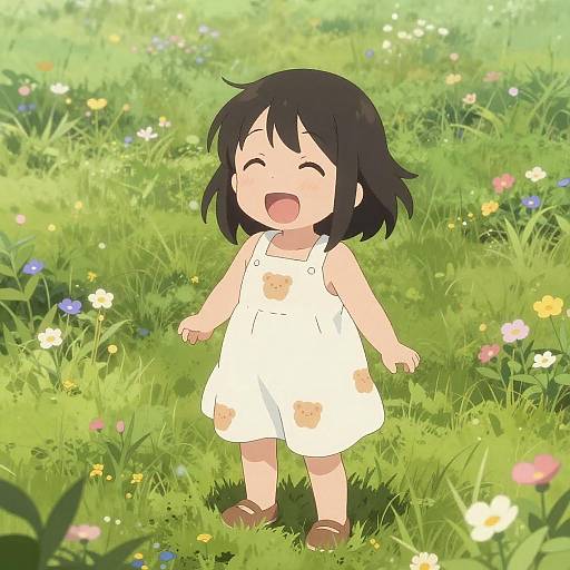 Joyful Girl in Flower Meadow