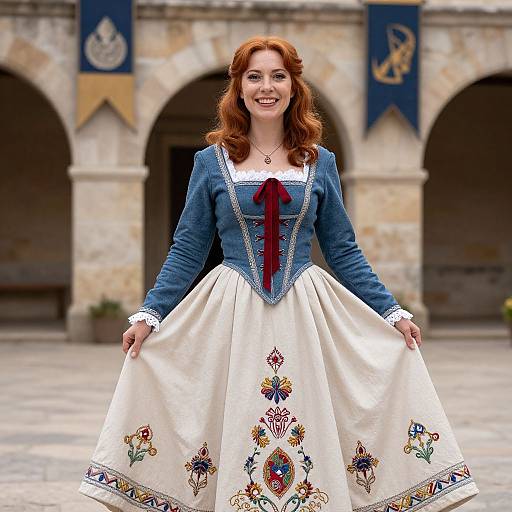 Photograph of a smiling red-haired woman in a blue long-sleeve dress with white embroidered skirt, standing in a stone courtyard with medieval arches