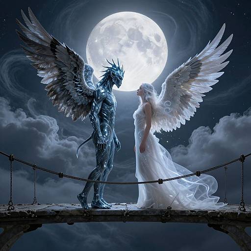 Digital art: Silhouetted dark angel with black wings and light angel with white wings stand on a bridge under a glowing full moon.