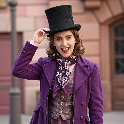 Photograph of a smiling woman with curly brown hair, wearing a black top hat, purple coat, patterned scarf, and plaid vest, standing