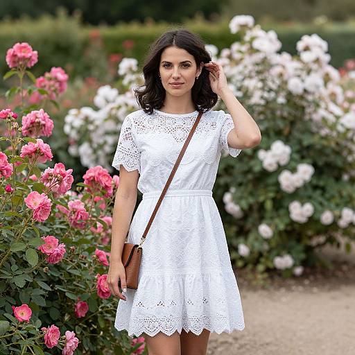 Photograph of a smiling brunette woman in a white lace dress, brown crossbody bag, standing in a blooming rose garden with pink and white roses