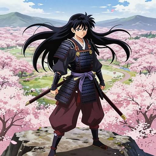 Anime-style drawing of a black-haired samurai with long hair, wearing dark armor, standing on a rock amidst pink cherry blossoms. Background includes blue