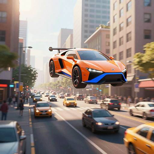 Futuristic Flying Car Over City