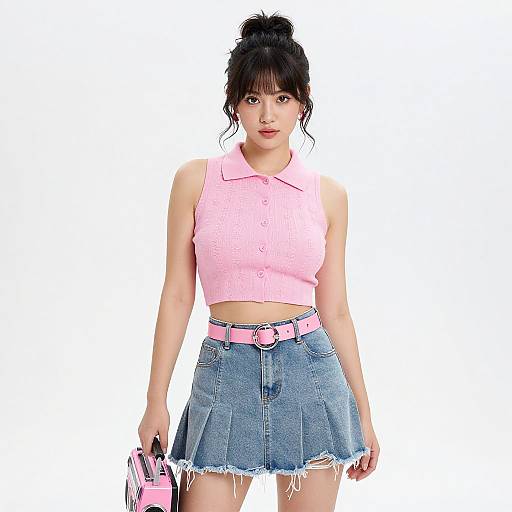 Photograph of an Asian woman with black hair in a bun, wearing a pink crop top, blue denim skirt, pink belt, and holding pink shoes