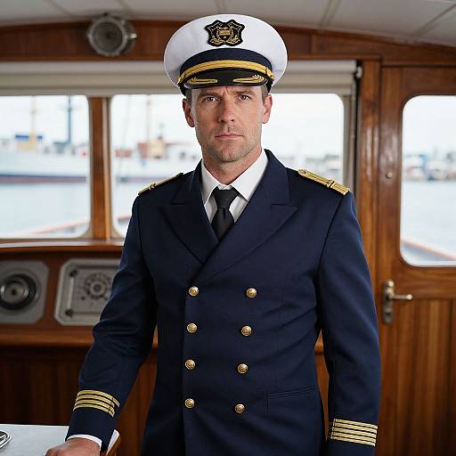 Photograph of a stern-looking white male naval officer in a dark blue double-breasted uniform, white hat with gold emblem, black tie, and gold