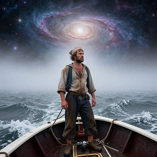 A bearded man in worn clothes stands in a boat, gazing at a glowing, swirling galaxy above the misty ocean. Digital art.