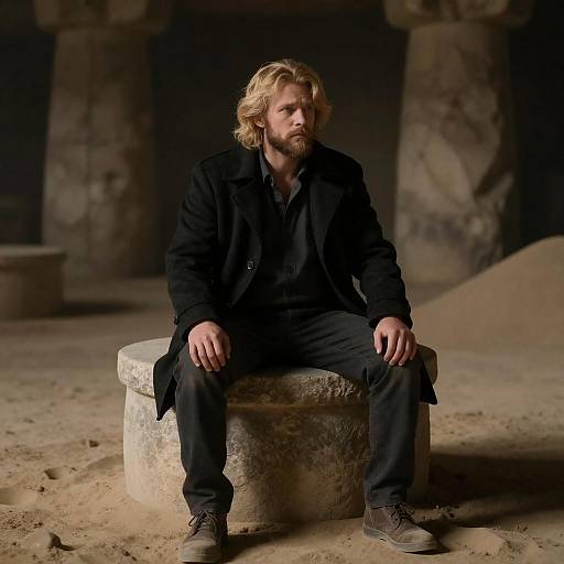 Blond man in a dim cavern setting