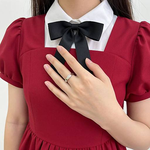 Photograph of an Asian woman in a red dress with white collar and black bow, hand with diamond ring touching chest.